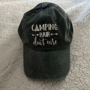 NWOT women’s ball cap distressed gray with “Camping Hair Don’t Care”, adjustable